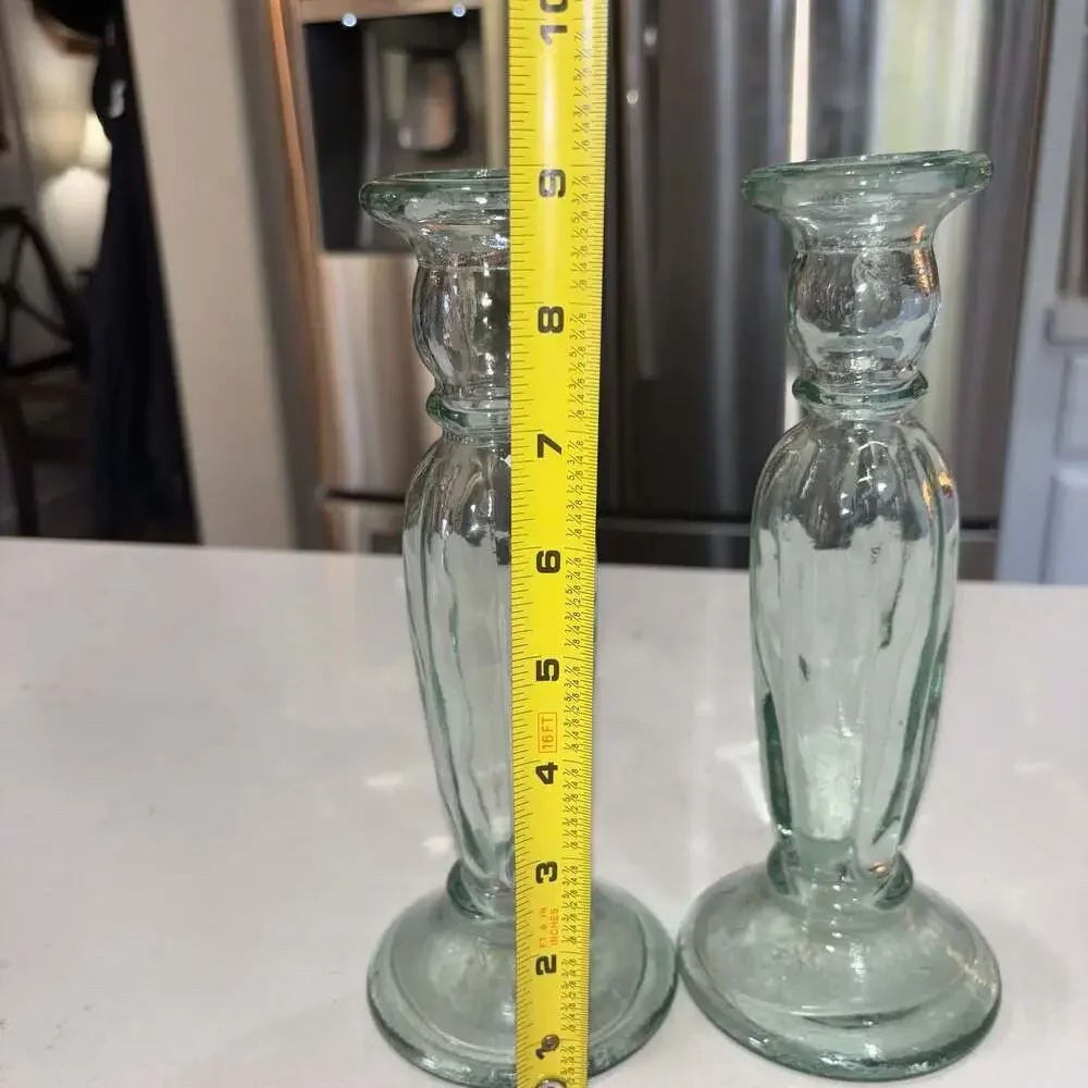 Set of 2 Vintage Spanish Recycled Glass Taper Candle Holders Sea Green